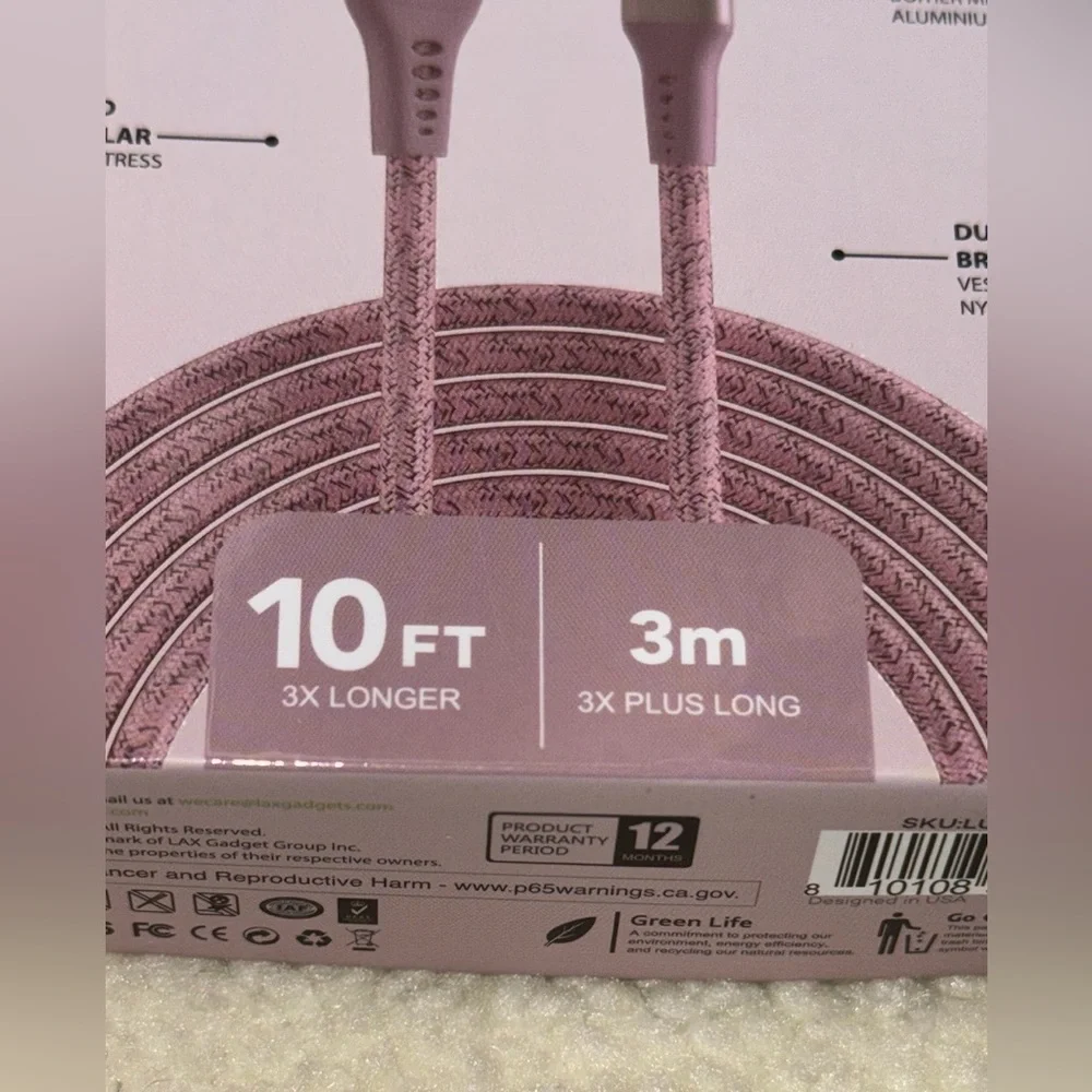 LAX Pink USB Type-C Braided Cable - 10ft, Android Compatible, NEW in Box